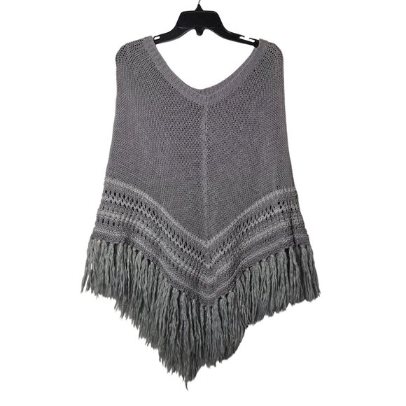 American Eagle Outfitters Women Gray Wool Blend Knit Fringed Poncho Sweater L/XL - Picture 1 of 7